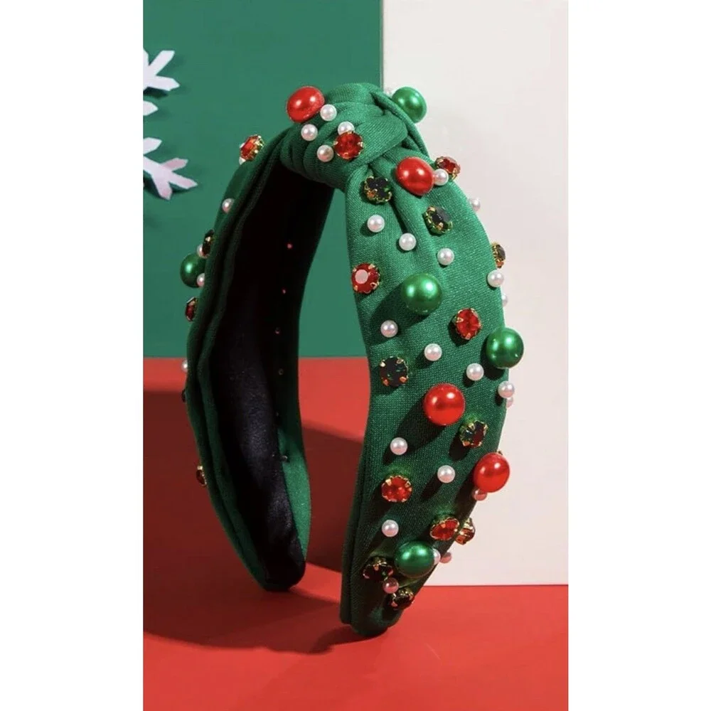 Green Christmas Pearl Rhinestone Non Slip Wide Top Knotted Headband Crystal